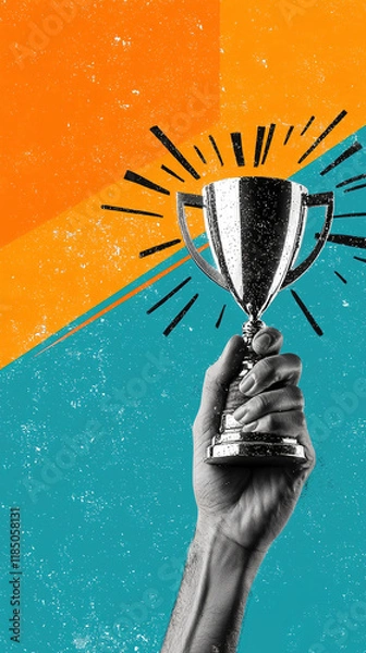 Fototapeta  Contemporary artistic collage featuring a hand holding a trophy, symbolizing achievement, success, and victory in a modern, dynamic, and visually engaging style.