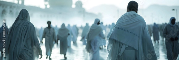 Fototapeta Tranquil Gathering of Devoted Muslim Pilgrims in Ihram Garments Preparing for Hajj - Unity and Equality in Spiritual Journey