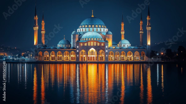 Obraz beautiful mosque in the night with reflections on the water. Religious place of worship for Muslims and Islam
