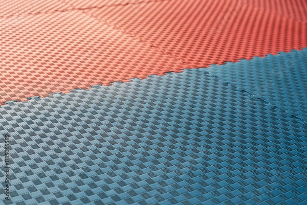 Fototapeta Red and blue karate dojo. Foam puzzle mat for martial arts exercises