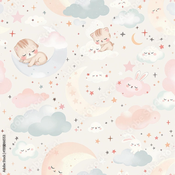 Fototapeta Dreamy Baby Animals on Moons Seamless Pattern with Clouds and Stars