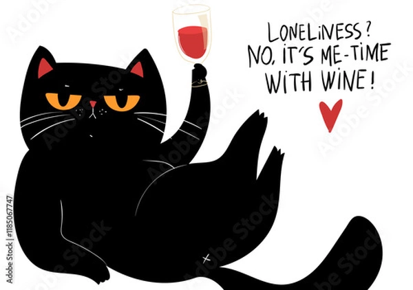 Obraz "Loneliness? No, it’s me-time with wine." Black grumpy Cat with red Wine, middle finger on a paw. Greeting card for Valentines day. Black kawaii cat with red heart on white background. Kawaii anime