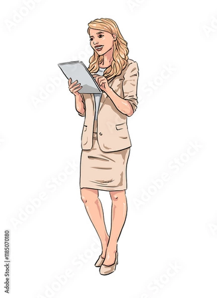 Obraz Handmade Illustration of beautiful Woman standing and tapping on Tablet 01