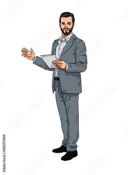 Obraz Handmade Illustration of a happy Man holding Tablet Computer 03