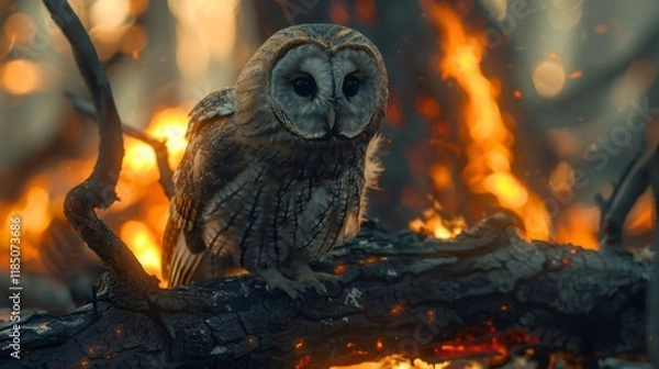 Fototapeta Owl perching on burning branch during wildfire