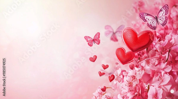 Obraz Valentines day, wedding banner with abstract illustrated red, pink flying hearts, flowers, butterflies on pink background. greeting card concept with free copy space