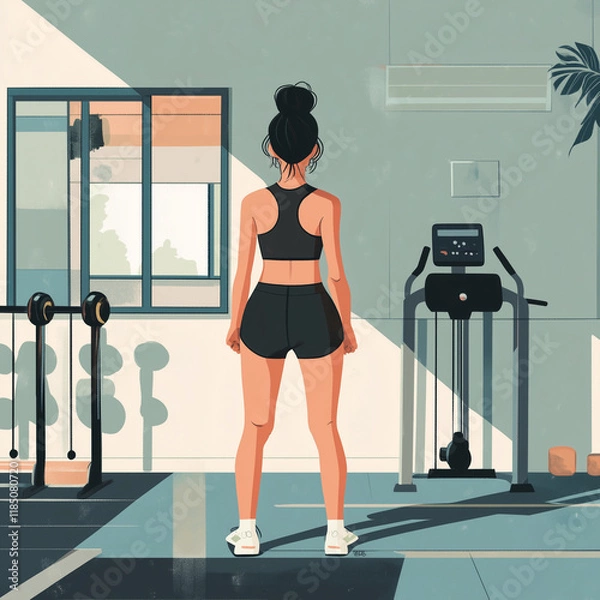 Obraz New years resolution: illustration of an determined woman starting to work out at the gym to get healthy
