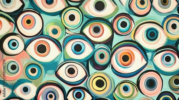 Fototapeta A Close up of a Pattern of Colorful Eyes on a Blue Background - Generative AI