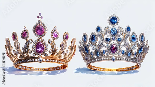 Fototapeta Magnificent and ornately designed royal crowns adorned with a dazzling array of precious gems and jewels including diamonds sapphires and rubies. Rainstone. Illustration