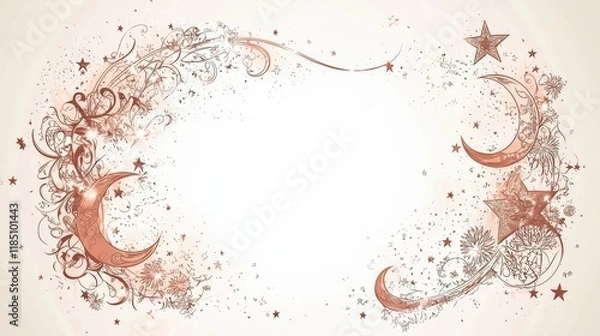 Fototapeta A decorative design featuring intricate swirls, stars, and crescent moons in a soft color palette, ideal for invitations or backgrounds.