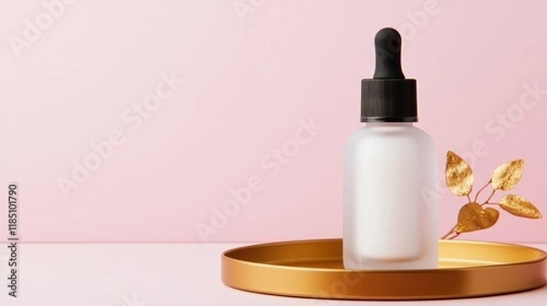 Fototapeta Product display packaging and organized, A minimalistic aesthetic featuring a dropper bottle on a golden tray against a soft pink background, evoking a sense of skincare elegance.