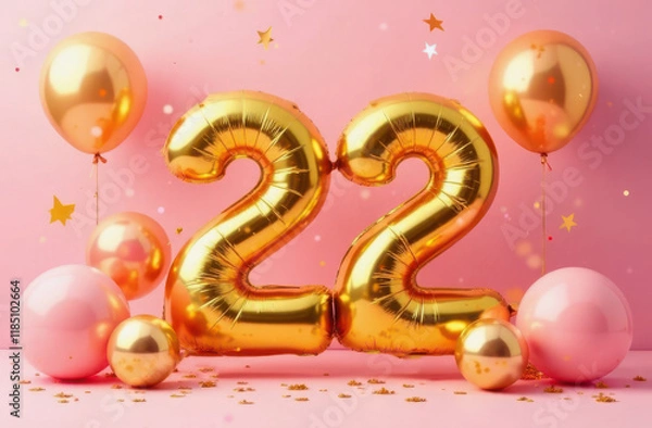 Fototapeta Golden 22nd birthday balloons with pink and gold decor, ideal for social media posts, event flyers, or birthday gift promotions. Pink background