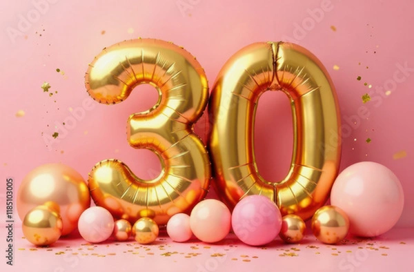 Fototapeta Festive golden "30" balloon display with pink and rose gold balloons, confetti, and a pastel pink background. Perfect for 30th birthday celebrations, anniversaries, and milestone events