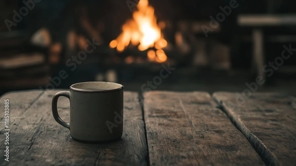 Obraz Cozy mug on rustic wooden table near fireplace.