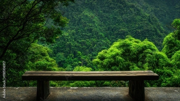 Fototapeta Serene nature scene lush forest scenic viewpoint tranquil environment outdoor bench