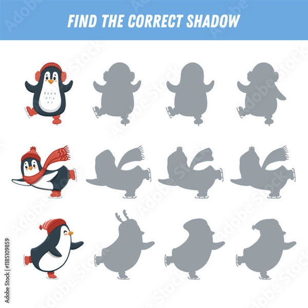 Fototapeta Find correct shadow of cute penguins. Educational logical game for kids. Christmas game. Cartoon funny penguin. Vector