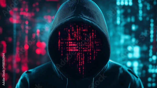 Obraz Hooded faceless Hacker Breaks into Government Data Servers and Infects Their System with a Virus. Digital concept with programming code for cyber security