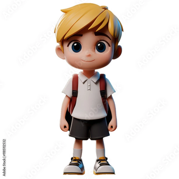 Obraz 3D plastic rendered cartoon blonde pupil boy standing and smiling wearing backpack, white t-shirt and gray shorts. Back to school theme.