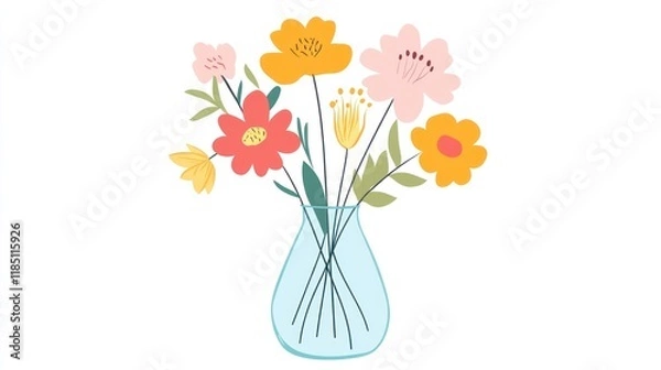 Fototapeta Colorful floral bouquet in glass vase, white background, spring card design