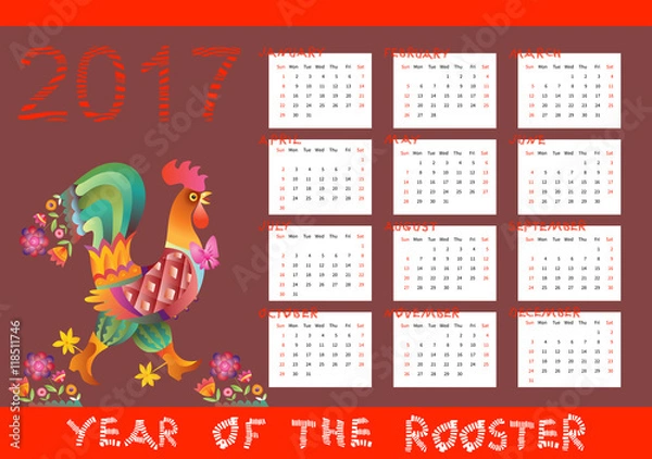 Fototapeta Year of the rooster - calendar with chinese symbol of 2017 year. Week starts on sunday. Vector illustration.