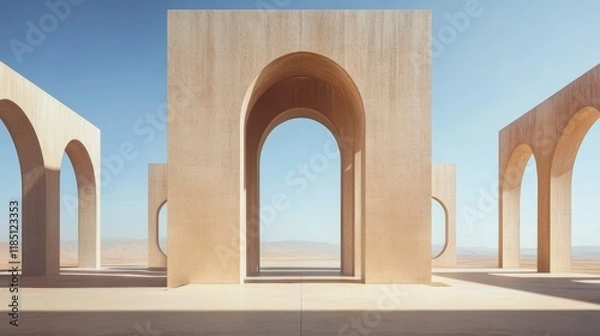Fototapeta Desert Brutalist Architecture: Archways and Columns in Sunlit Landscape