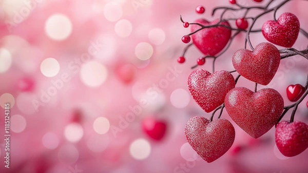 Obraz Valentines day, wedding banner with abstract illustrated red, pink flying hearts, flowers, butterflies on pink background. greeting card concept with free copy space