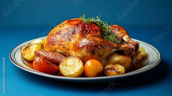 Obraz Roasted Chicken with Roasted Vegetables on Plate - Delicious Thanksgiving Dinner