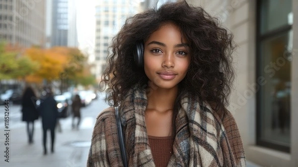 Fototapeta A woman with a headband and headphones on a city street. She is smiling and looking at the camera