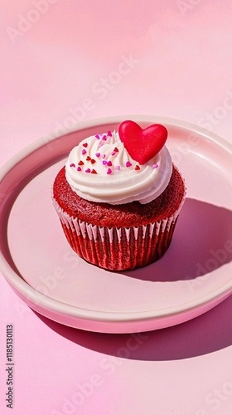 Obraz Red velvet cupcake adorned with heart sprinkles on a pastel pink plate