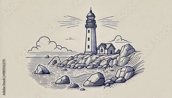 Fototapeta Line-art of a lighthouse standing tall on a rocky shore, with waves crashing against the rocks.