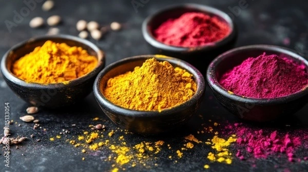 Fototapeta Side view of colorful traditional magenta and yellow colorful powder in bowls on dark background. Concept of Indian color festival Holi. Holi bonfire Holika Dahan
