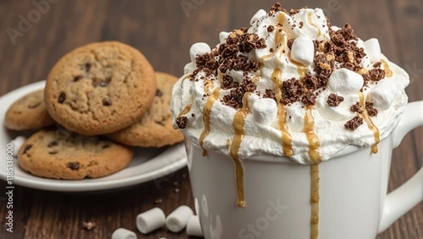 Fototapeta Indulgent hot cocoa with cream marshmallows shavings and caramel beside cookies