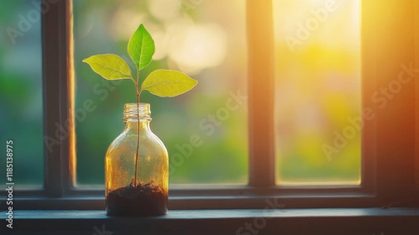 Fototapeta Truncated, A repurposed glass bottle planter showcasing creative recycling, perfect for sustainable gardening and home decor projects.