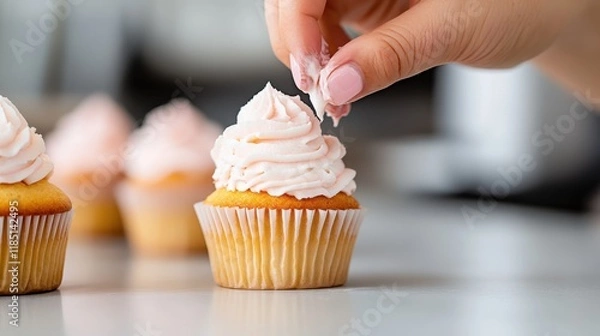 Fototapeta Delicate touch brings sweet life to cupcakes with pink icing