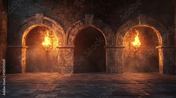 Obraz Dark stone hall with three arched doorways, lit by fiery torches.