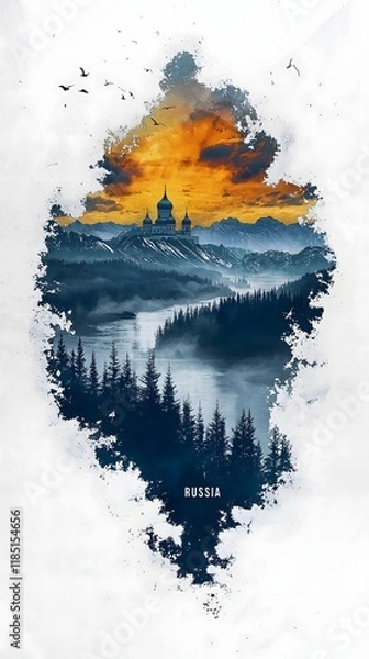 Fototapeta Illustration of Russia with Iconic Architecture and Cool Tone