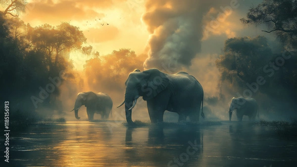 Obraz Large elephant leading a herd walking down a foggy river during sunset