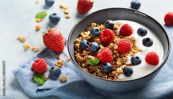 Fototapeta Healthy breakfast. Yogurt with granola and berries. Generated image