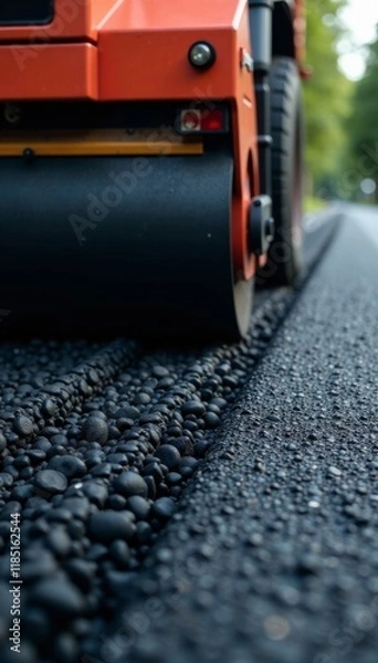Obraz Close-up of asphalt paver blade spreading hot asphalt on a newly laid road surface, pavement laying, paving process, asphalt paver