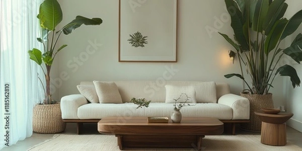 Fototapeta Minimalist living room, neutral tones, beige couch, wooden coffee table, large potted plants, fiddle leaf fig, botanical wall art, woven baskets, natural textures, organic shapes, calm atmosphere, Sca