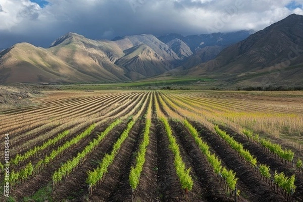 Fototapeta Lush Green Vineyard in Breathtaking Landscape with Rolling Mountains Under Dramatic Clouds and Clear Blue Sky in a Serene Natural Setting