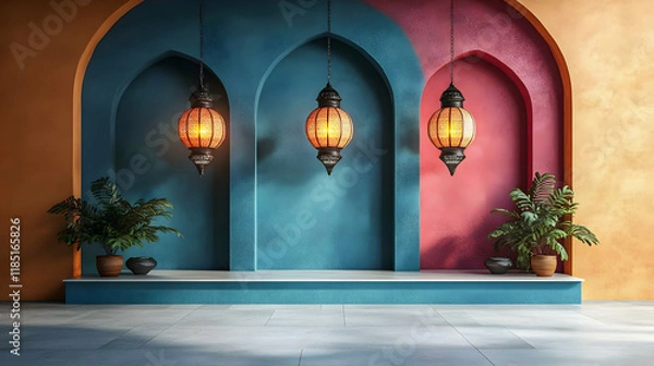 Fototapeta Moroccan lanterns illuminate arched alcove