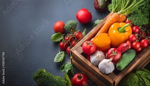 Fototapeta Healthy food background. Concept of healthy food, fresh vegetables in box on a dark background. Generated image
