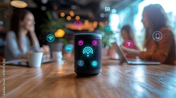 Fototapeta Smart Home Life: AI Voice Assistant Optimizing Household Chores as Family Engages via Devices