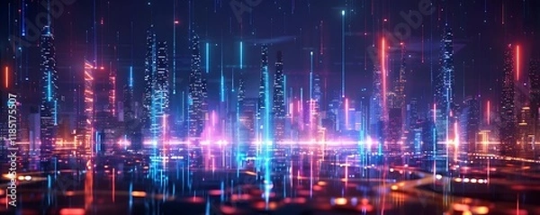 Fototapeta Futuristic cityscape at night with vibrant neon lights and digital data streams.