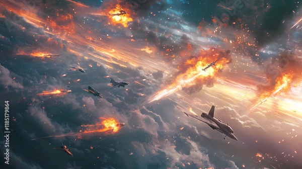 Fototapeta Formation of destroyer jets float in sky during aviation battle. neural network ai generated art. Thundertide. Illustration