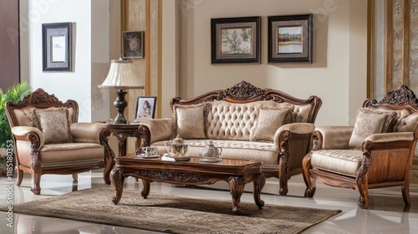 Obraz Elegant wooden sofa with a high backrest and luxurious cushions in a spacious living area.