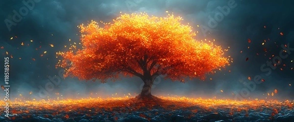 Fototapeta Glowing autumn tree with falling leaves at night.