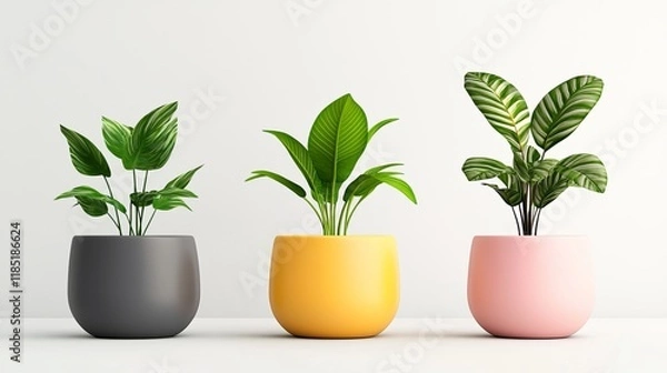 Fototapeta decorative plants in bright pots, boho chic style, unique designs with dynamic perspective, vibrant colors, isolated on white background