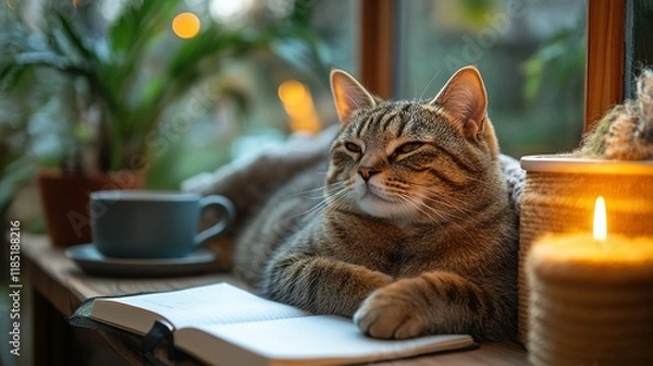 Fototapeta Tabby Cat Relaxing Near Window With Candle and Book